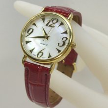 Ladies Wrist Watch Red Leather Croco with Gold Tone