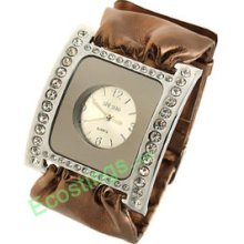 Light Brown Soft Ribbon Leather Rhinestone Ladies Watch