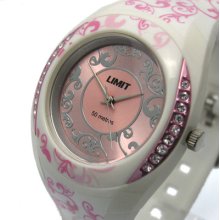 Limit Pretty Ladies Watch White Plastic Pink Scroll Design + Diamante 6803