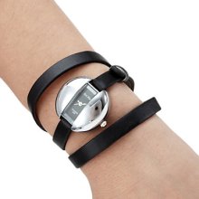 Long Women's Fashionable PU Leather Style Analog Quartz Bracelet Watch (Black)