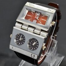 Men Hours Quartz Analog Brown Leather Wristwatch Three Time Display Folding Case