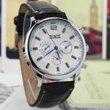 Men Precise White 3 Dial W/calendar Blue Hand Black Leather Automatic Watch Hq