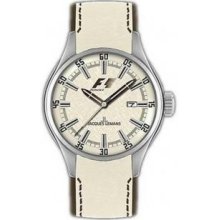 Menandamp;apos;s Stainless Steel Formula One Cream Dial Leather Strap - Watch