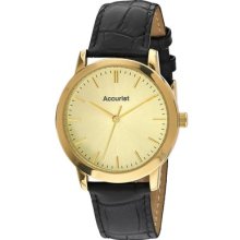 Men's Accurist Gold Tone Watch Black Leather Strap Champagne Dial Ms671g