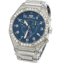 Mens Aqua Master Blue Dial Octagon Chrono 27.00ct White Diamond Band Watch 106f1