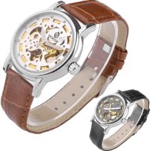 Mens Crystal Hollow Skeleton Auto Mechanical Analog Wrist Watch,pu Leather