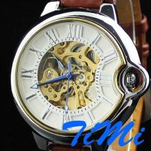 Mens Gold wristwatch Skeleton Rome AUTO Mechanical Brown Watch