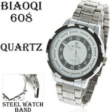 mens new Biaoqi stainless steel analog quartz chrome watch w/white &black face