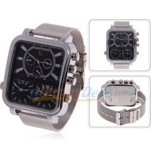 mens new V6 3 time zone stainless steel quartz watch black face w/chrome finish