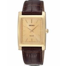 Men's Seiko Solar Quartz Sup896 Gold Dial Brown Leather Strap Watch