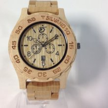 Mens Silvano Solid Wood 3 Eye Chronograph Style Watch Tan X Large With Date Bt02