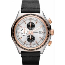 Men's Stainless Steel Case Quartz Chronograph Silver Dial Black Leather Strap