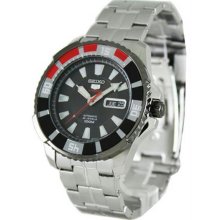 Men's Stainless Steel Seiko 5 Sports Automatic Black Dial Day Date Red and Black