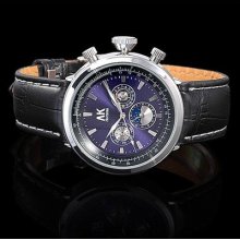 Mens Stunning Ak Battle Automatic Mechanical Watch Silver Black Leather Chrono