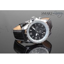 Mens Stunning Ak Ricochet Automatic Mechanical Watch Silver Black Leather Chrono