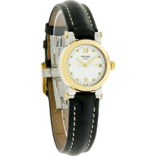 Movado Vizio Mini Ladies White Dial 18K Bezel Two Tone Black Leather Band Watch