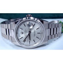 Never Worn Rolex Mens 18kt White Gold Daydate President Silver 118239 Sant Blanc