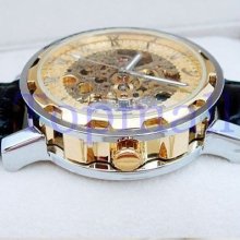 New Classic Men Hand-Wind Leather Strap Skeleton Mechanical Wrist