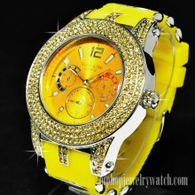 NEW HIP HOP ICED OUT RICK ROSS WATCH SILVER FACE w/ YELLOW BAND #WR-Y