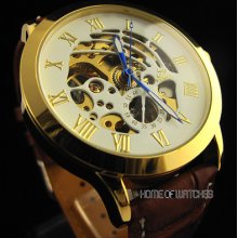 Noble Mens Golden White Hollow Case Automatic Mechanical Watch Roman Numerals