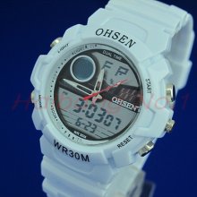 Ohsen Dual Core Alarm Stop Led Light Chronograph Sports Quartz Mens Wrist Watch