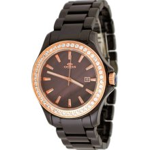 Oniss On8173-lrg Women's Boyfriend Crystal Accented Mop Dial Brown Ceramic Watch