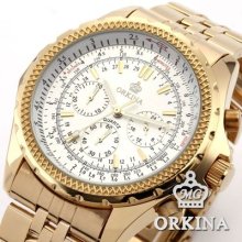 Orkina Genuine Golden Case Mens 24 Hour Sport Stopwatch Quartz Analog Watch