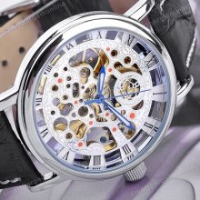 Orkina White Dial Hollow Automatic Mechanical Leather Wrist Watch + Gift Box