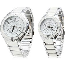 Pair of Alloy Analog Quartz White Face Couple Watches (Silver-White)