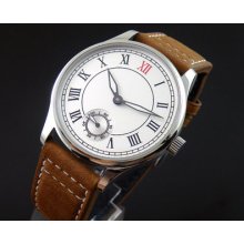 Parnis White Dial Roman Numerals Manual Wind 6498 Cow Leather Strap Watch Wl029