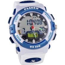 PASNEW 048C Plastic Electronic Quartz Movements LED Sports Analog Watch with Date Light (White)