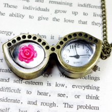 personalized Glasses Pocket watch Locket Necklace, with beautiful rose flower