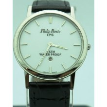 Philip Persio Slim Men's Round Silver Tone Date White Dial Leather Watch P140d