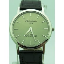 Philip Persio Slim Men's Round Silver Tone Brown Dial Leather Watch Japan Movt