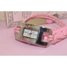 Pink Braided Leather Wristlet Wrap Watch Women