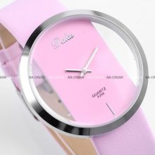 Pink Transparent Dial Fashion Girl Lady Women Quartz Wrist Watch Gift