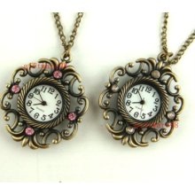 Pink White Crystal Pocket Watch Necklace Pendant J0172