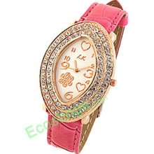 Pinkish Watchband Oval Golden Watch Case Ladies' Wrist Watch