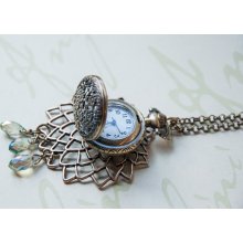 Pocket Watch Necklace - Antique Brass Floral Filigree, Flower Charm, Green & Blue Iridescent Dangles