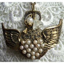 Pocket watch pendant, bronze pearl winged pocket watch adorned with glass pearl beads and bronze steampunk charms