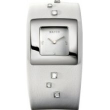 QM111.32.02 Mango Ladies White Dial Crystals White Leather Strap Watch