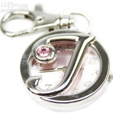 Quartz Keychain Pocket Watch Metal Letter J Design Pendant Pale Pink