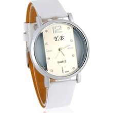 r.B N755 Round Dial Women's Analog Watch with Faux Leather Strap (White)