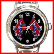 Rebel Flags Confederate South Symbol Round Italian Charm Wrist Watch