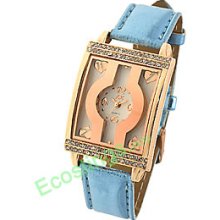 Rectangle Golden Watch Case Blue Watchband Ladies' Quartz Wrist Watch