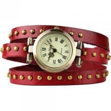 red retro leather rivet stud wristband wrist watch wristwatch women