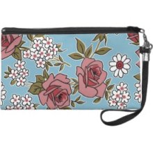 Retro Roses, Vintage Print In Blue And Pink Wristlet