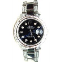 Rolex As New Datejust W/ Custom Diamond Band, Baguette 2.5 Ct Bezel w/ Black Dial - 80's