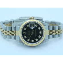 Rolex Datejust Ladie's Watch Black Dial Diamond Hour Markers Two-tone 18k & Ss