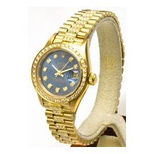 Rolex Ladies President Yellow Gold Certified Pre-Owned Navy Blue Diamond Dial/1.00ct Pave Set Diamond Bezel/2.00ct Diamond Bracelet